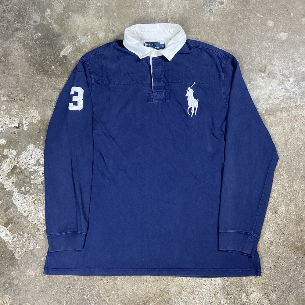 Vintage‎ Polo Ralph Lauren Quilted Rugby Shirt Size XXL Navy Blue #3 Big Pony